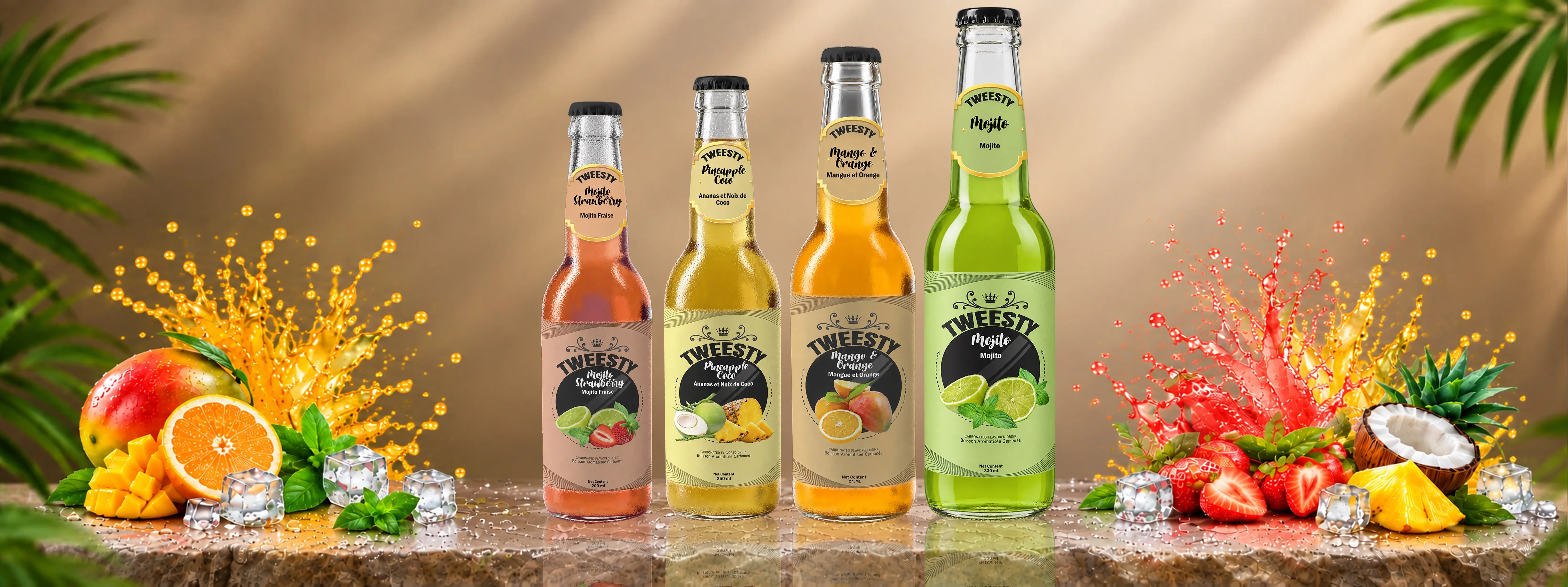 Tweesty mixed-flavour drink range in glass and PET bottles with fresh fruit and ice.